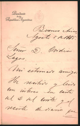 Carta de Julio A. Roca a Ovidio Lagos enviada el 5 de agosto de 1885 desde Buenos Aires