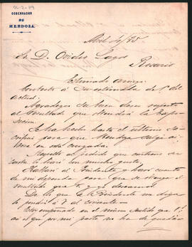 Carta de Rufino Ortega,  gobernador de Mendoza, a Ovidio Lagos