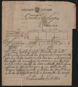 Telegrama de Estanislao S. Zeballos a Ovidio A. Lagos enviado el 14 de mayo de 1892