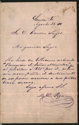 Carta de Manuel Pizarro a Ovidio Lagos enviada desde Santa Fe el 28 de agosto de 1876