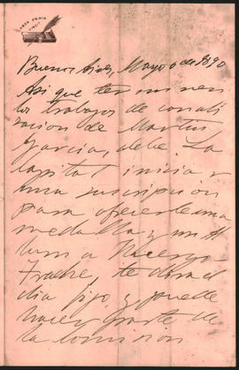 Carta de Ovidio Lagos a [Ovidio Amadeo Lagos, enviada en mayo de 1890