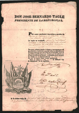 Despacho del Presidente de la República del Perú José Bernardo Tagle, otorgando a José María Zára...