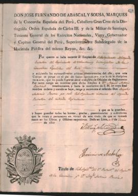 Nombramiento de Miguel Antonio Bertiz, como subayudante del 29 Batallón del Regimiento de la Conc...