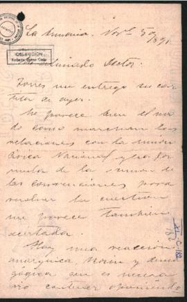 Carta de Julio Argentino Roca a [se presume] Norberto Quirno Costa el 5 de noviembre de 1891.