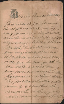 Carta de Ovidio Lagos a Ovidio Amadeo Lagos, enviada desde París en marzo de 1889.