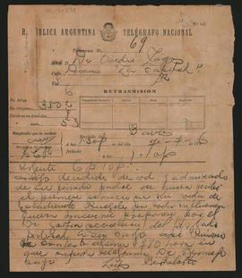 Telegrama de Luis Bertolotti a Ovidio A. Lagos enviado el 7 de julio de 1896