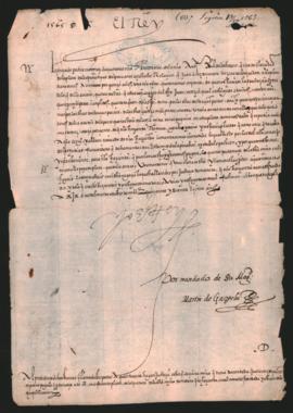 Real Cédula del Rey de España Felipe II, ordenando investigar si el adelantado Juan Ortiz de Zara...