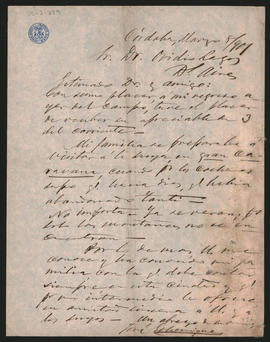 Carta de José Echenique a Ovidio A. Lagos enviada desde Córdoba el 8 de marzo de 1901