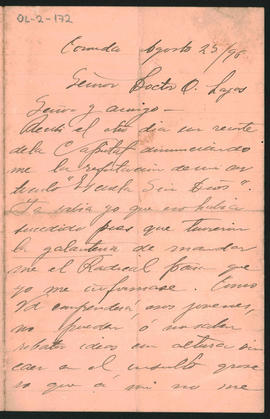 Carta de Carlota Garrido de la Peña a Ovidio A. Lagos enviada desde Coronda el 25 de agosto de 1896