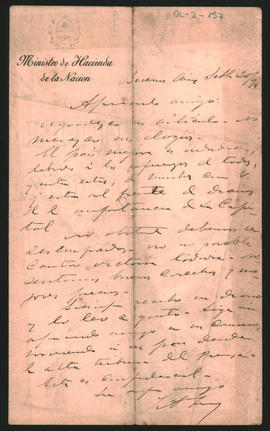 Carta de José A. Terry a Ovidio A. Lagos enviada desde Buenos Aires el 25 de [septiembre] de 1894
