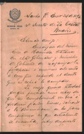 Carta de [Gabriel Camarco] a Ovidio A. Lagos enviada desde Santa Fe el 24 de enero de 1894