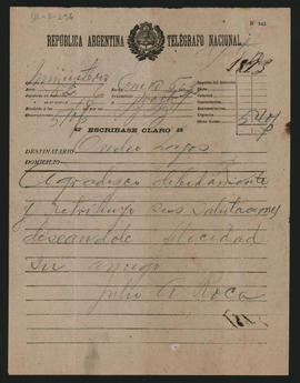 Telegrama de Julio A. Roca a Ovidio A. Lagos enviado en 1893