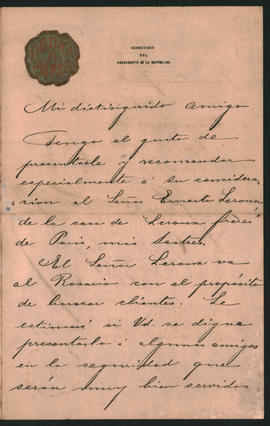 Carta de Pedro A. Pardo, secretario del Presidente de la Nación, a Ovidio Lagos enviada desde Bue...