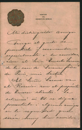 Carta de Pedro A. Pardo, secretario del Presidente de la Nación, a Ovidio Lagos enviada desde Buenos Aires el 28 de [enero] de 1888