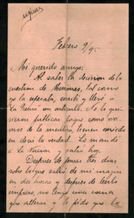Carta de A. [Aldan] a Ovidio A. Lagos enviada el 9 de febrero de 1895.