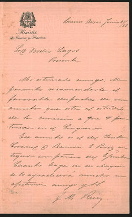 Carta de [...] M. Ruiz a Ovidio Lagos enviada desde Buenos Aires el 25 de junio de 1888.