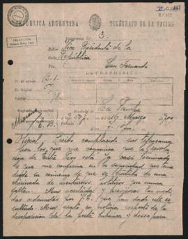 Telegrama oficial de Julio Argentino Roca a Norberto Quirno Costa del 16 de marzo de 1900.