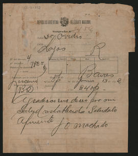 Telegrama de J. O. Machado a Ovidio A. Lagos enviado el 13 de junio de 1892