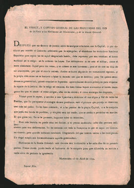Proclama del Virrey del Río de la Plata, Javier Elío, a los habitantes de Montevideo y la Banda O...