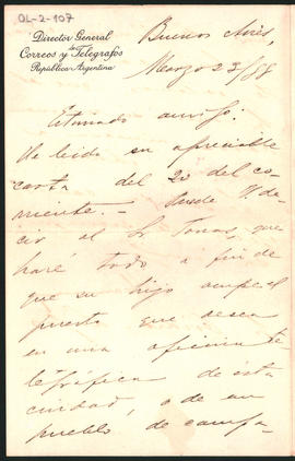 Carta de Ramón José Cárcano, Director General de Correos y Telégrafos, a Ovidio Lagos enviada el ...