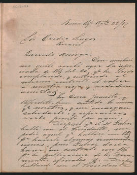 Carta de Alfredo de Arteaga a Ovidio Lagos enviada desde Buenos Aires el 22 de agosto de 1887