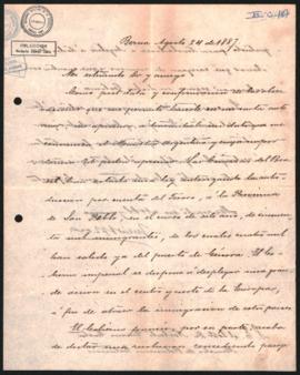 Carta de Julio Argentino Roca a Norberto Quirno Costa del 24 de Agosto de 1887.