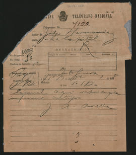 Telegrama de J. A. Onella a J[ulián] Hernández enviado en 1898.