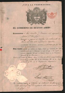 Despacho extendido por el Gobernador Juan Manuel de Rosas, nombrando Subteniente de Marina de la Confederación Argentina a José Jorge