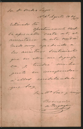 Carta de Bernardo de Irigoyen a Ovidio Lagos enviada desde Buenos Aires el 10 de agosto de 1879