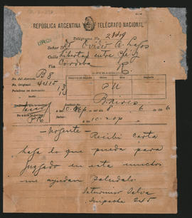 Telegrama de Saturnino Salva a Ovidio A. Lagos enviado el 8 de junio de 1896