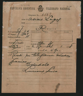 Telegrama de Luciano Leiva a Ovidio A. Lagos enviado el 21 de enero de 1898