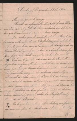 Carta de Diego Barros Arana a Bernardo de Irigoyen, comentando la situación política Argentina