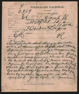 Telegrama de Juan F. Seguí a Ovidio A. Lagos (1854-1916) enviado en 189[8]
