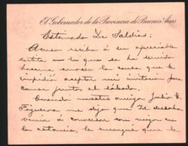 Nota del Gobernador de la provincia de Buenos Aires, Ignacio D. Irigoyen, al Doctor Adolfo Saldías