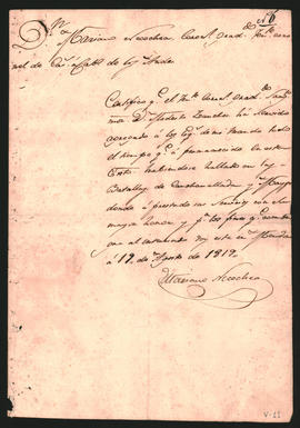 Certificado extendido por el Teniente Coronel del Ejército de los Andes, Mariano Necochea, al Sar...