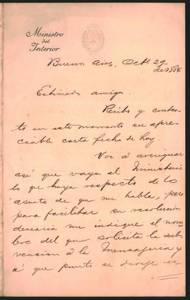 Carta de Bernardo de Irigoyen a Ovidio Lagos enviada el 29 de octubre de 1884 desde Mendoza