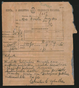 Telegrama de Estanislao S. Zeballos a Ovidio A. Lagos enviado el 7 de julio de 1896
