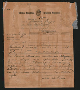 Telegrama de Julio A. Roca a Ovidio A. Lagos enviado desde Buenos Aires el 2 de febrero de 1898