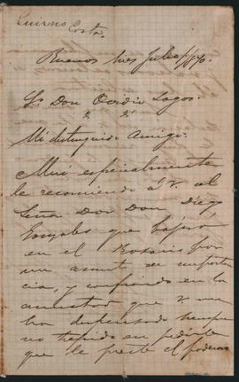 Carta de Norberto Quirno Costa a Ovidio Lagos enviada desde Buenos Aires en 1870