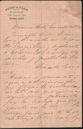 Carta de Ovidio Lagos a Ovidio Amadeo Lagos enviada desde Buenos Aires en 1890.