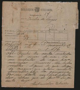 Telegrama de Estanislao S. Zeballos a Ovidio A. Lagos enviado el 23 de mayo de 1892.