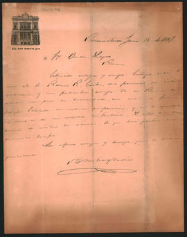 Carta de Bartolomé Mitre y Vedia a Ovidio Lagos enviada desde Buenos Aires el 16 de junio de 1887