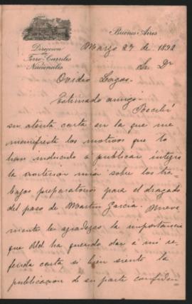 Carta de Luis F. Araoz a Ovidio A. Lagos enviada desde Buenos Aires el 27 de marzo de 1892