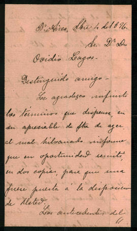 Carta de Luis F. Araoz a Ovidio A. Lagos enviada desde Buenos Aires el 4 de [...] de 1896