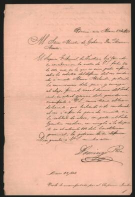 Nota del Presidente del Superior Tribunal de Justicia, Domingo Pica, al Ministro de Gobierno, Mariano Acosta