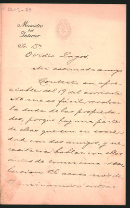 Carta de Bernardo de Irigoyen a Ovidio Lagos enviada desde Buenos Aires el 23 de enero de 1884