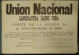 Afiche del partido Unión Nacional. Candidatura de Roque Sáenz Peña, c. 1909.