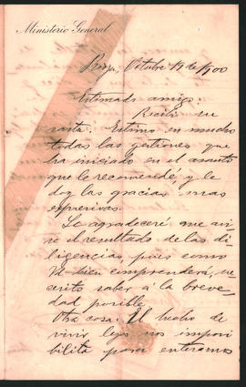 Carta de Nicolás Vera a Ovidio A. Lagos enviada desde La Rioja el 19 de octubre de 1900
