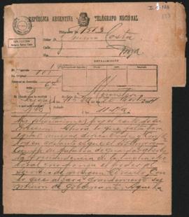 Telegrama de Julio Argentino Roca a Norberto Quirno Costa el 20 de noviembre de 1894.