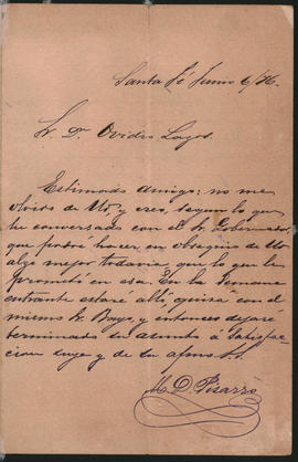 Carta de Manuel Pizarro a Ovidio Lagos enviada desde Santa Fe el 6 de junio de 1876